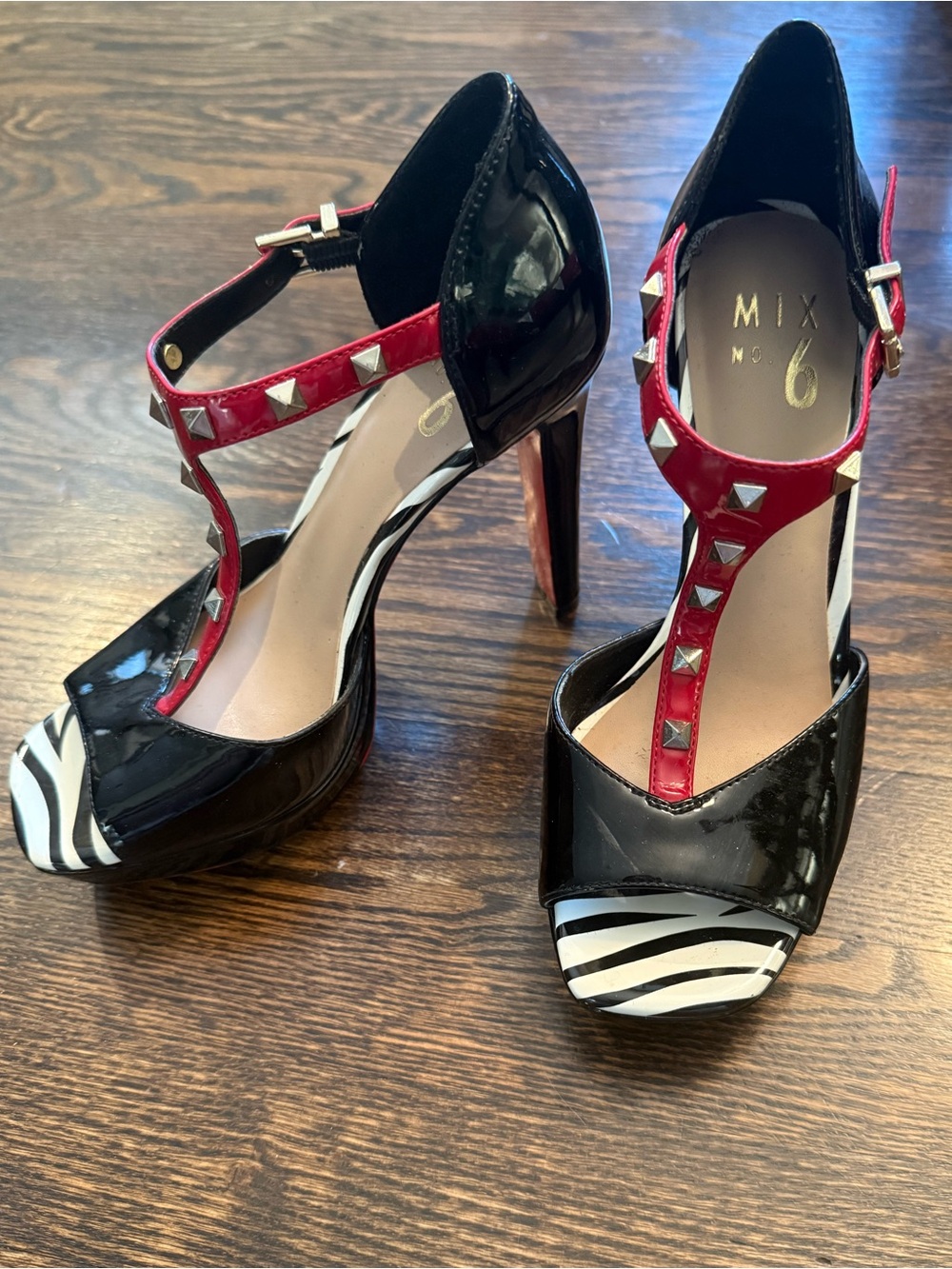Mix No. 6 Black and Red Zebra-Accent T-Strap Heels